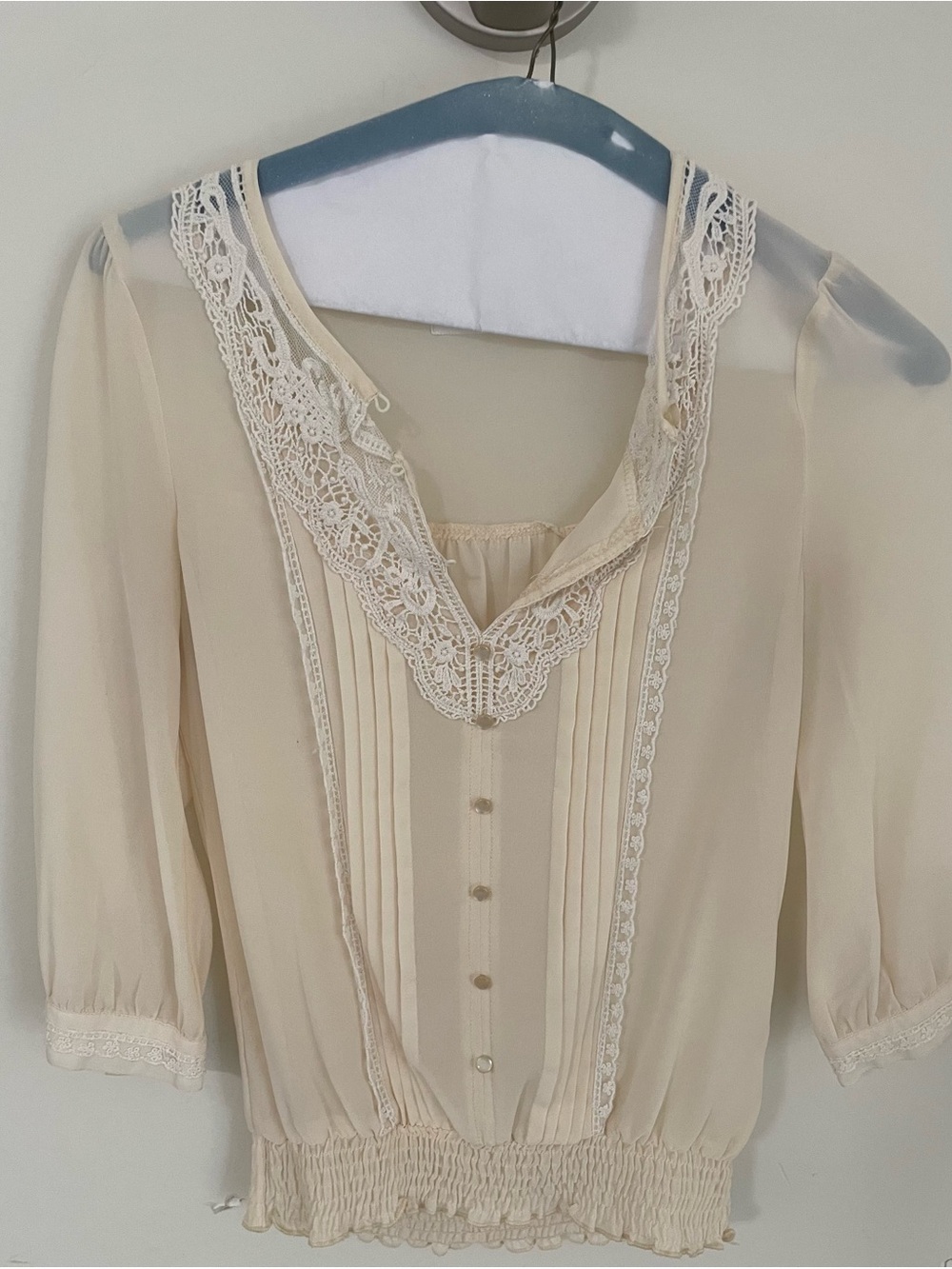 Blue Bird Cream Lace-Trim Boho Pintuck Romantic Prarie Blouse